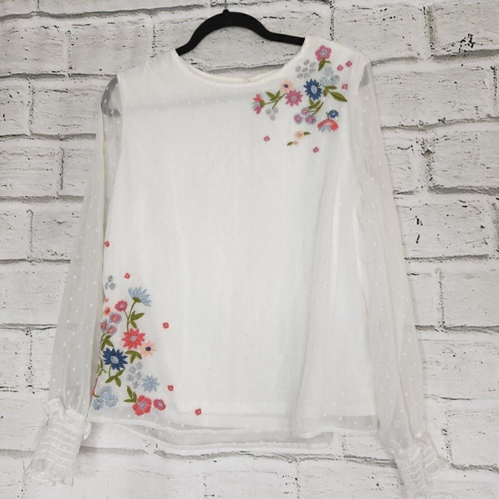 Serene Bohemian White Semi Sheer Women's Long Sleeved Lined Blouse Size Medium